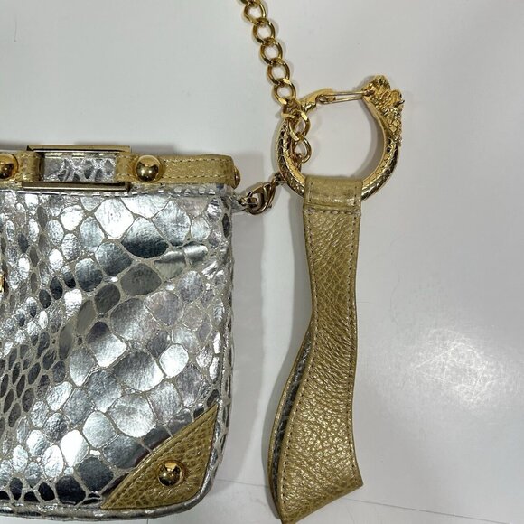 MICHELLE MONROE Croc Embossed Silver Gold Convertible Clutch Bag Key Chain Flaw - Picture 3 of 10